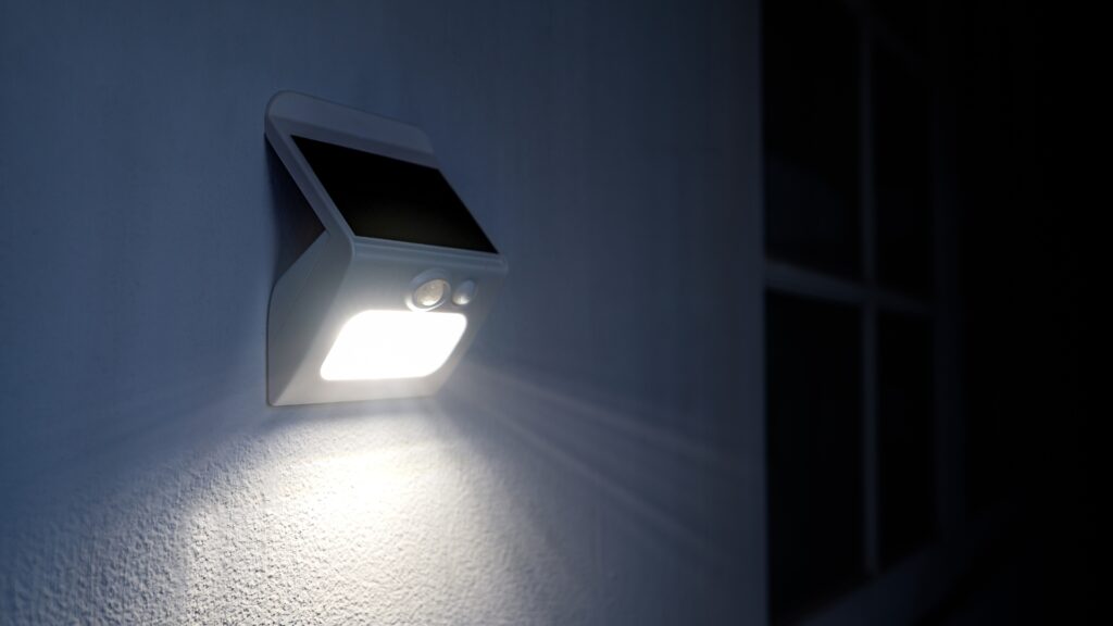 Motion sensor light brightens up a home's exterior to enhance security at night.